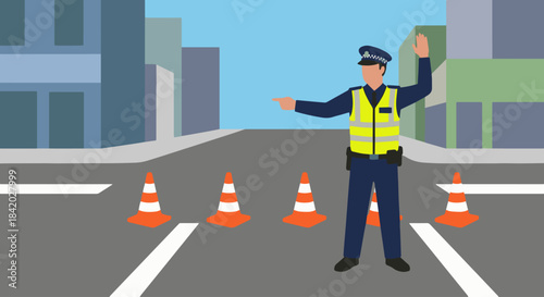 “Officer Directing Traffic”
Flat vector police officer using hand signals, traffic cones and road lines in solid colours, minimal urban environment.