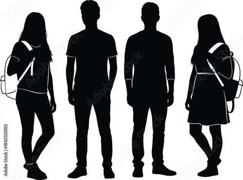 Black Silhouette Set of Young Male and Female Students or Teenagers Standing with Backpacks, Isolated Vector Illustration for Education, Youth, and College Concepts
