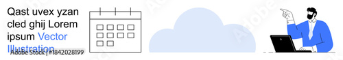 Cloud data storage, task scheduling, remote efficiency, office productivity, professional communication, digital tools. A calendar, cloud and man with a laptop. Cloud data storage and scheduling