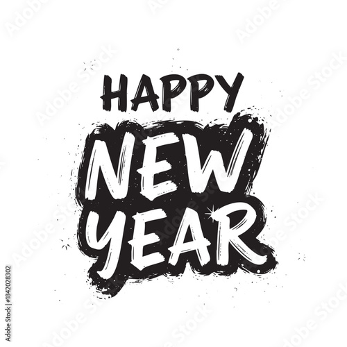 Black and white brush stroke text Happy New Year with speckles and starbursts lettering grunge