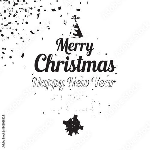 Black and white festive graphic with Merry Christmas Happy New Year text and confetti holiday