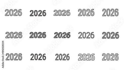 Year 2026 repeated digit number set in various styles against white