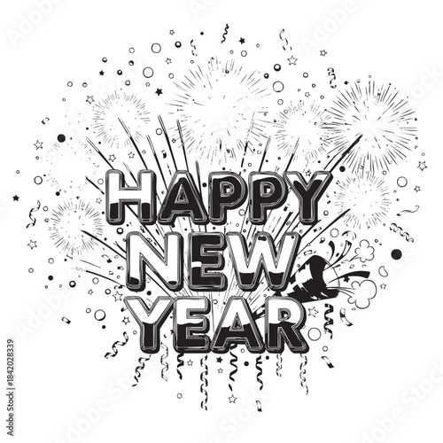 Black and white graphic illustration of happy new year text with fireworks and confetti vector