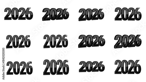 Multiple 3 d rendered glossy black 2026 texts isolated on white background