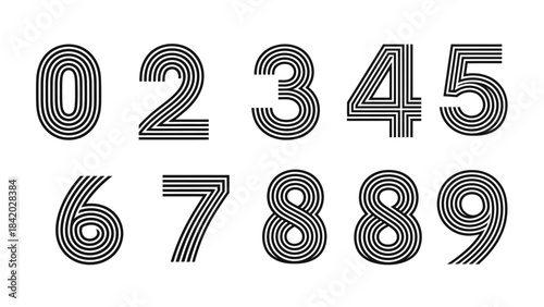 Modern striped numbers zero to nine for design elements and educational uses