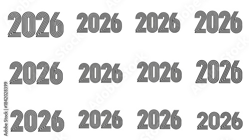 Multiple representations of the number 2026 against a white background