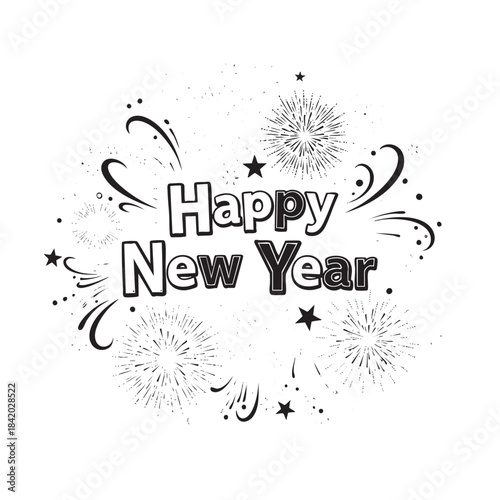 Black and white Happy New Year text with fireworks and stars graphic celebration