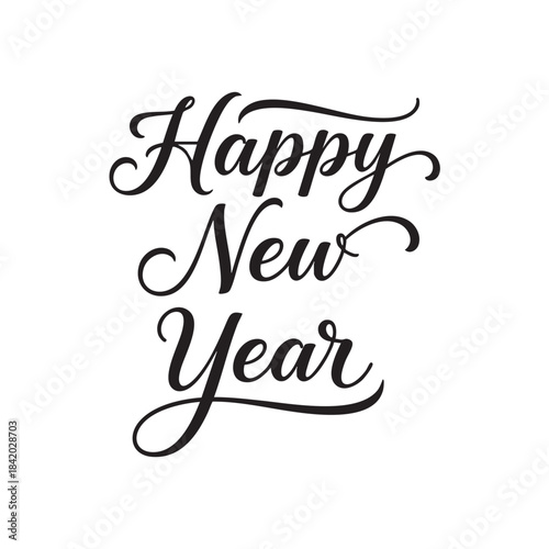 Black Calligraphy Text Happy New Year Script on White Background lettering 3