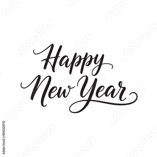 Black Calligraphy Text Happy New Year Script on White Background lettering 2