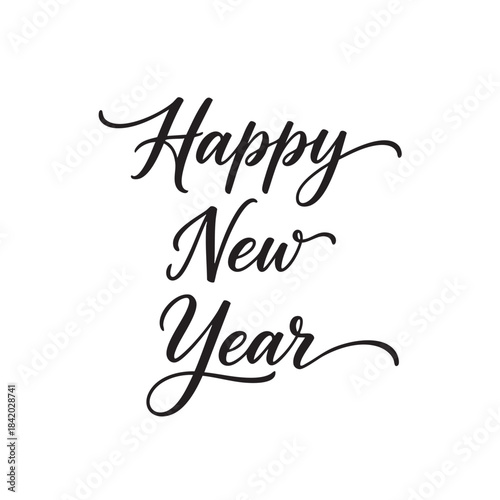 Black Calligraphy Text Happy New Year Script on White Background lettering
