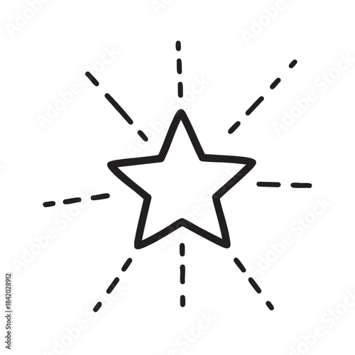 Black hand drawn starburst with dashed lines on white background sparkle shine