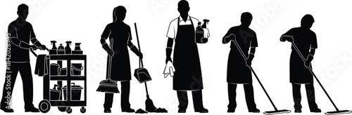 Cleaning service staff silhouette vector illustration, professional janitors with tools like mop, bucket, and cart, group of workers for commercial and residential maintenance concepts.