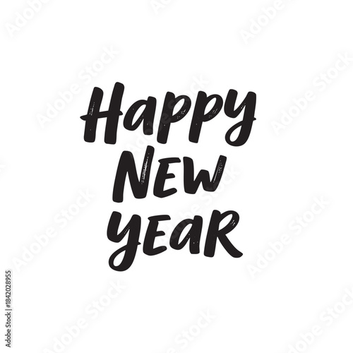 Black handwritten brush script text Happy New Year on white background lettering calligraphy