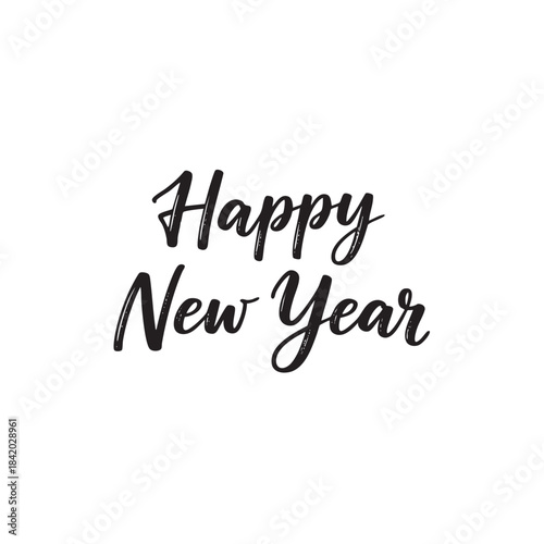 Black handwritten calligraphy text Happy New Year on white background greeting