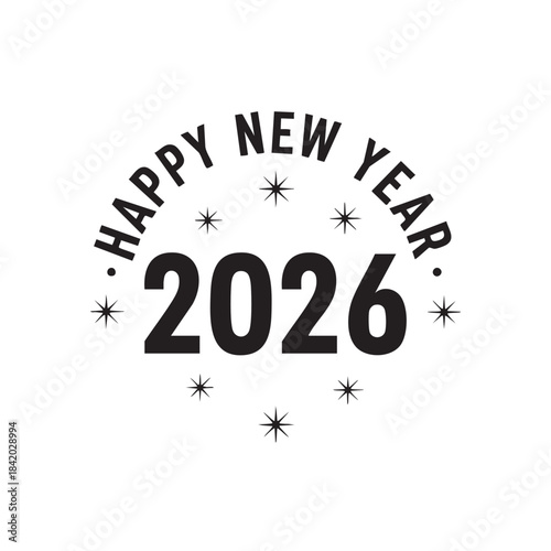 Black happy new year 2026 text with starbursts on white background celebration