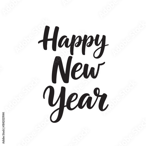 Black script calligraphy text Happy New Year on white background lettering