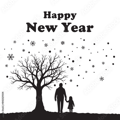 Black silhouette of a father and child holding hands beneath a bare tree with falling snowflakes and dots