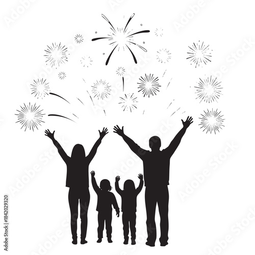 Black silhouette of a family of four with arms raised watching fireworks on a white background