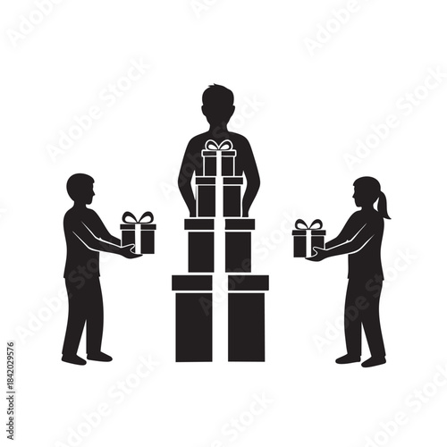Silhouette figures giving and receiving gift boxes with a central figure holding stacked presents