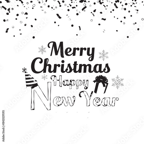 Merry Christmas Happy New Year text with snowflakes party hat and confetti holiday celebration