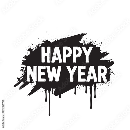 White Happy New Year text on black ink splatter and drips graphic lettering