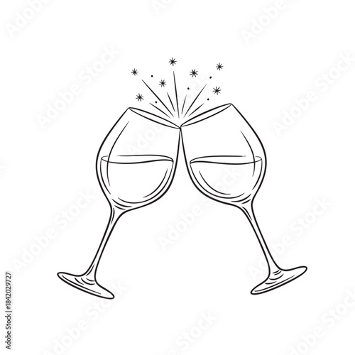 Two wine glasses clinking together with sparkling stars and dots above toasting celebration