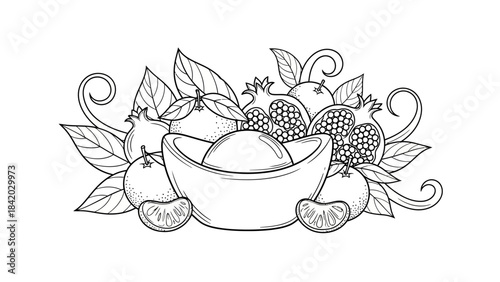 Chinese New Year Prosperity Arrangement with Gold Ingot, Pomegranates, and Tangerines.