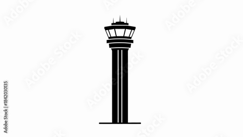 Modern Airport Control Tower Silhouette Isolated on White Background.
