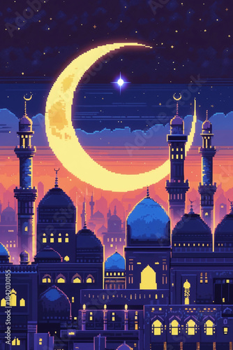 Charming mosque scene under crescent moon tranquil night for card design ramadhan islamic eid mubarak illustration poster design backdrop template wallpaper