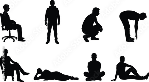 Set of ten black baby silhouettes illustrating early childhood motor development stages, from lying on the stomach and sitting to crawling, reaching, and standing up, isolated on white.