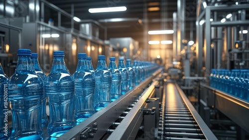 Bottles of water moving on a conveyor belt in a modern bottling plant