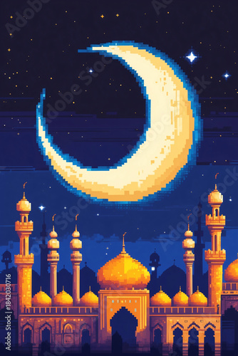 Ethereal mosque artwork under crescent moon night glow for card design ramadhan islamic eid mubarak illustration poster design backdrop template wallpaper