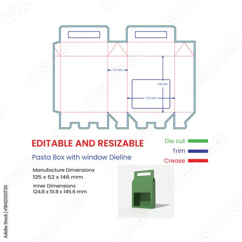 Pasta Box with Window Dieline Template and 3D Mockup on White Background packaging die cut