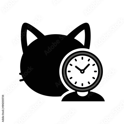 Black cat and clock-headed figure in solid silhouette