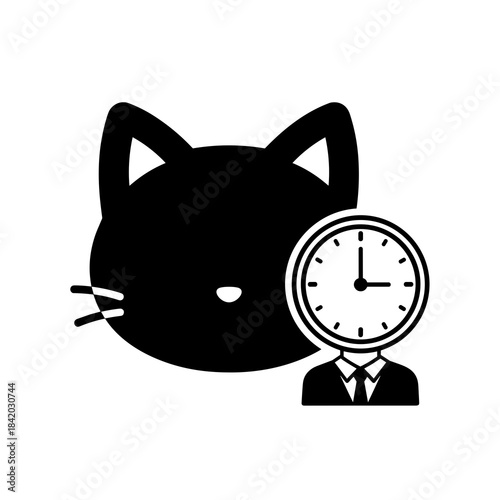 Black silhouette cat with clock-headed character