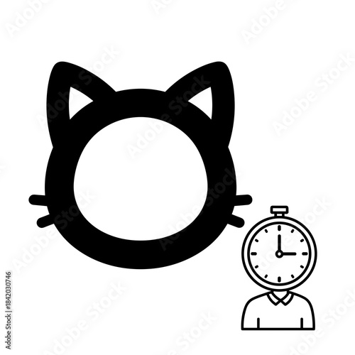 Cat outline face with small clock character