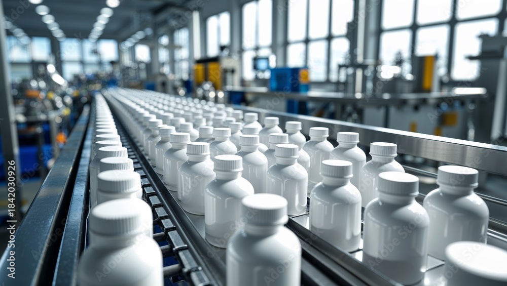 Obraz premium Automated production line with rows of white plastic bottles moving on a conveyor belt
