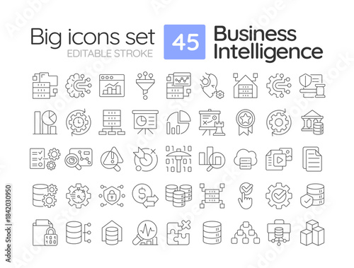 Business intelligence line icons set. Statistical diagram, data organization. Cyber security. Corporate planning. Isolated vector outline illustrations. Thin lineart iconset symbols. Editable stroke