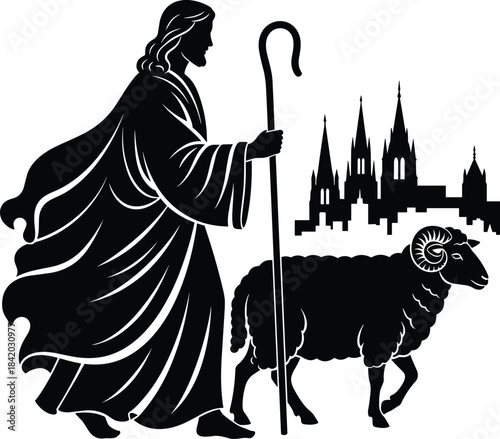 Good Shepherd Jesus Christ silhouette vector illustration, religious figure with a staff and a ram, black and white sacred Christian symbol for faith, salvation, and guidance concepts.
