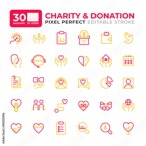 Donation and charity colorful line ui icons set. Volunteering activities. Non profit organization work. Isolated vector duotone linear symbols pack. User interface elements, pixel perfect