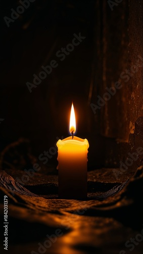 Single lit candle casting warm glow in dark, moody atmosphere