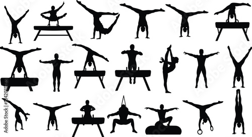 Gymnastics silhouette poses, athletic movement, floor routine, pommel horse, rings exercise, flexibility, strength, balance, black vector art, isolated sports design