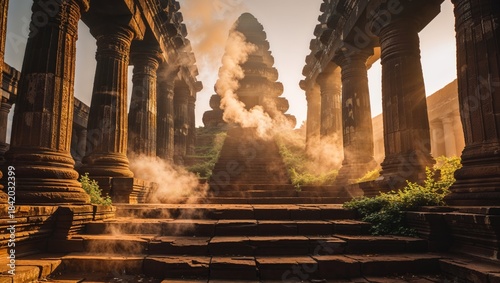 Ancient temple ruins with smoke rising from stone steps and sunbeams through columns