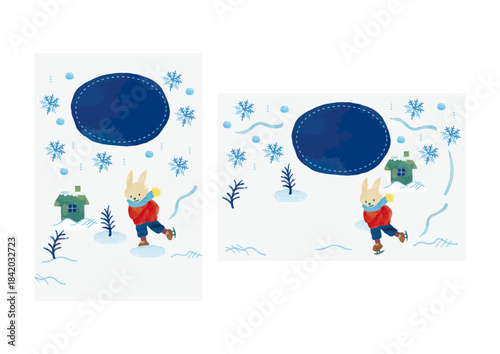 グリーティングカードベクターイラストテンプレート うさぎがスケートをする冬の可愛らしい風景