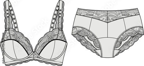 Lace Lingerie Set Fashion Flat Sketch Vector Illustration CAD Drawing, Full Coverage Bra and High-Waist Panties Underwear Template Design