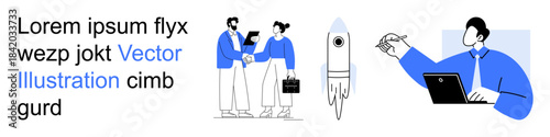 Business teamwork, startup planning, remote work, innovation, digital collaboration, workplace modernity. Two people shaking hands, a rocket and a man working on a laptop. Business and startup