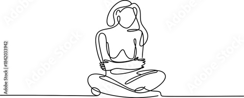 Single line art representation of a woman feeling sad and anxious, sitting alone Vector, illustration