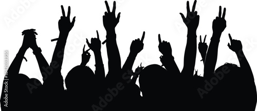 Large Silhouette Crowd of Music Fans or Party People Cheering with Raised Hands and Making Peace Signs, Isolated Vector Illustration.