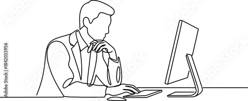 Continuous line drawing of a man concentrating while working on a computer at his desk Vector, illustration