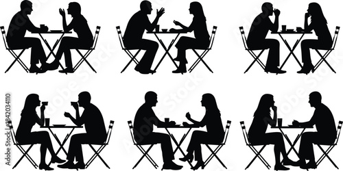 Vector Silhouette Collection of Diverse People Sitting at Cafe or Bistro Tables: Couples and Friends Conversing Over Drinks, Isolated on White.